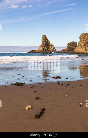 Vertikales Bild – Seestapel, die sich im Wasser am Bandon Beach spiegeln In Oregon Stockfoto