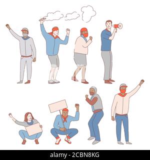 Menschen protestieren Vektor Cartoon skizzieren Illustration. Wütende Männer, die Plakate, Banner und Lautsprecher halten und gegen Rassismus und Ungleichheit protestieren. Black Lives Matter Konzept. Stock Vektor