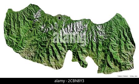 Form von Trabzon, Provinz der Türkei, mit seiner Hauptstadt isoliert auf weißem Hintergrund. Satellitenbilder. 3D-Rendering Stockfoto