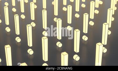 Leuchtende Ausrufezeichen in isometrisch isoliert auf dunklem Hintergrund. Idee oder Problem, Antwort, Geschäftsidee oder FAQ-Konzept. 3D-Rendering Stockfoto