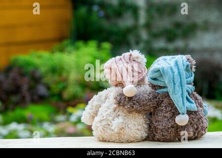 Zwei Teddybären sitzen auf der Bank und umarmen sich, Rückansicht. Grußkarte oder Geschenkkarte Design Idee. Hochwertige Fotos Stockfoto