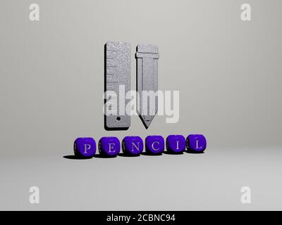 3D-Grafik von BLEISTIFT vertikal zusammen mit Text aus metallischen kubischen Buchstaben aus der oberen Perspektive gebaut, hervorragend für das Konzept Präsentation und Diashows für Illustration und Hintergrund Stockfoto