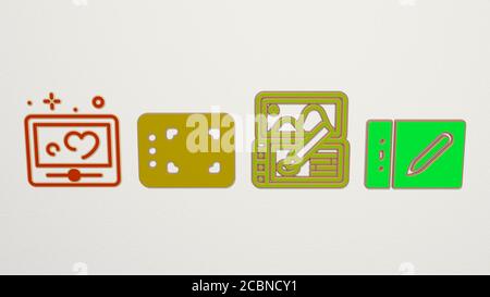 ZEICHNUNGSTABLETT 4 Symbole Set, 3D-Illustration Stockfoto