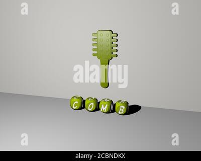 Comb 3D-Symbol an der Wand und Text von kubischen Alphabeten auf dem Boden, 3D-Illustration für Hintergrund und Haare Stockfoto