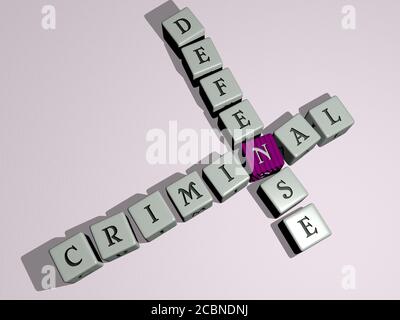 Criminal Defence Kreuzworträtsel von Würfelbuchstaben, 3D-Illustration für Verbrechen und Konzept Stockfoto