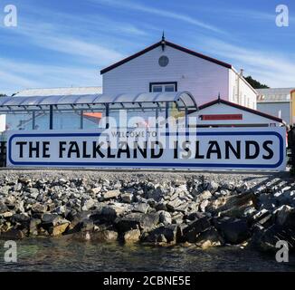 Port Stanley Willkommensschild, Falkland Islands (Islas Malvinas), Großbritannien Stockfoto