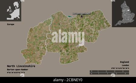 Form von North Lincolnshire, einheitliche Autorität von England, und seine Hauptstadt. Entfernungsskala, Vorschauen und Beschriftungen. Satellitenbilder. 3D-Rendering Stockfoto