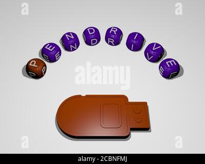 Pendrive Symbol umgeben von dem Text der einzelnen Buchstaben, 3D-Illustration Stockfoto