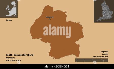 Form von South Gloucestershire, einheitliche Autorität von England, und seine Hauptstadt. Entfernungsskala, Vorschauen und Beschriftungen. Komposition von gemusterten Texturen. Stockfoto