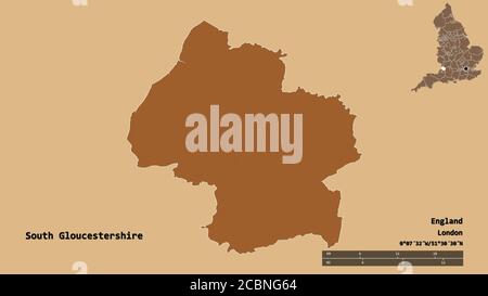 Form von South Gloucestershire, einheitliche Autorität von England, mit seiner Hauptstadt isoliert auf festem Hintergrund. Entfernungsskala, Regionenvorschau und Beschriftungen Stockfoto