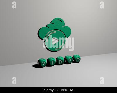 3D-Grafik-Bild von Video vertikal zusammen mit Text aus metallischen kubischen Buchstaben aus der oberen Perspektive gebaut, hervorragend für das Konzept Präsentation und Diashows für Illustration und Hintergrund Stockfoto