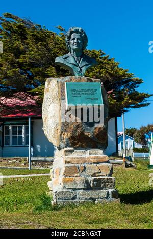 Bronzebüste Margaret Thatcher, Port Stanley, Falkland Islands (Islas Malvinas), Großbritannien Stockfoto