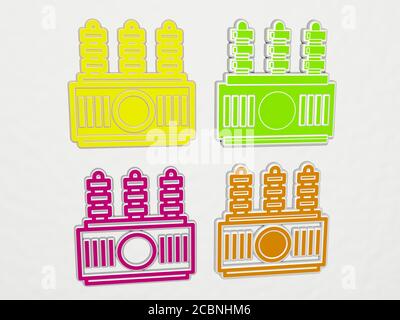 Leistungstransformator, 4 Symbole, 3D-Abbildung Stockfoto