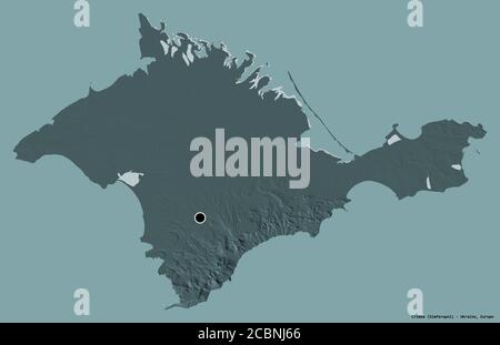 Form der Krim, autonome republik Ukraine, mit seiner Hauptstadt isoliert auf einem einfarbigen Hintergrund. Farbige Höhenkarte. 3D-Rendering Stockfoto