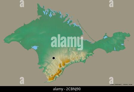 Form der Krim, autonome republik Ukraine, mit seiner Hauptstadt isoliert auf einem einfarbigen Hintergrund. Topografische Reliefkarte. 3D-Rendering Stockfoto