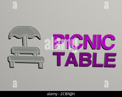 PICKNICK-TISCH-Symbol und Text an der Wand, 3D-Illustration für Hintergrund und Essen Stockfoto