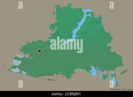 Form von Cherson, Region der Ukraine, mit seiner Hauptstadt isoliert auf einem einfarbigen Hintergrund. Topografische Reliefkarte. 3D-Rendering Stockfoto