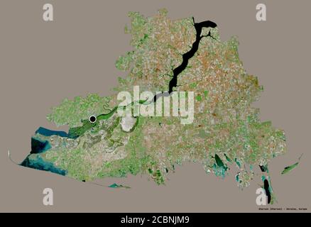 Form von Cherson, Region der Ukraine, mit seiner Hauptstadt isoliert auf einem einfarbigen Hintergrund. Satellitenbilder. 3D-Rendering Stockfoto