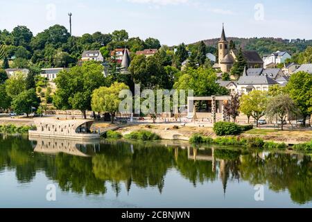 Der Ort Schengen, an der Mosel, im Großherzogtum Luxemburg, wo das Schengen-Abkommen von 1985 unterzeichnet wurde, Stockfoto