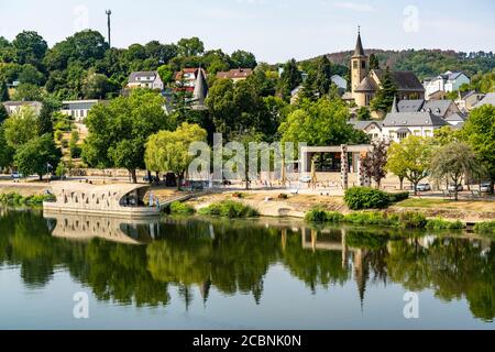 Der Ort Schengen, an der Mosel, im Großherzogtum Luxemburg, wo das Schengen-Abkommen von 1985 unterzeichnet wurde, Stockfoto