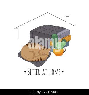 Katze schläft auf der Decke in der Nähe von Kaktus und Kissen, besser zu Hause Zitat Vektor Illustration Stock Vektor