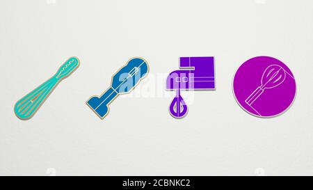 Quirl 4 Symbole Set, 3D-Illustration für Hintergrund und Kochen Stockfoto