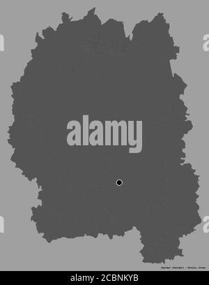 Form von Zhytomyr, Region der Ukraine, mit seiner Hauptstadt isoliert auf einem einfarbigen Hintergrund. Höhenkarte mit zwei Ebenen. 3D-Rendering Stockfoto