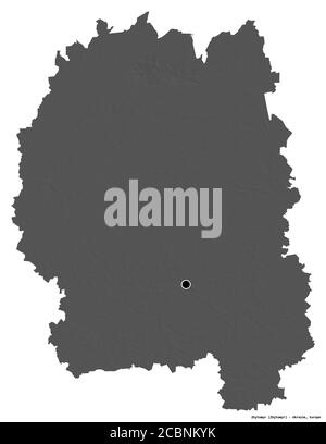 Form von Zhytomyr, Region der Ukraine, mit seiner Hauptstadt isoliert auf weißem Hintergrund. Höhenkarte mit zwei Ebenen. 3D-Rendering Stockfoto