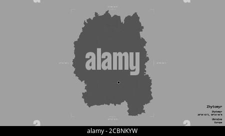 Gebiet von Schytomyr, Region der Ukraine, isoliert auf einem soliden Hintergrund in einem georeferenzierten Begrenzungsrahmen. Beschriftungen. Höhenkarte mit zwei Ebenen. 3D-Rendering Stockfoto