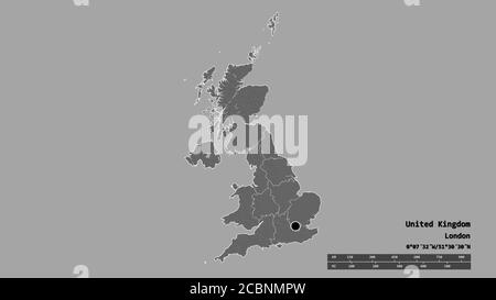 Entsättigte Form des Vereinigten Königreichs mit seiner Hauptstadt, der wichtigsten regionalen Teilung und dem abgetrennten Schottland-Gebiet. Beschriftungen. Höhenkarte mit zwei Ebenen. 3D-Rendering Stockfoto