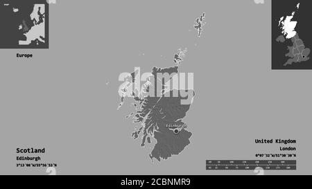 Form von Schottland, Region von Großbritannien, und seine Hauptstadt. Entfernungsskala, Vorschauen und Beschriftungen. Höhenkarte mit zwei Ebenen. 3D-Rendering Stockfoto