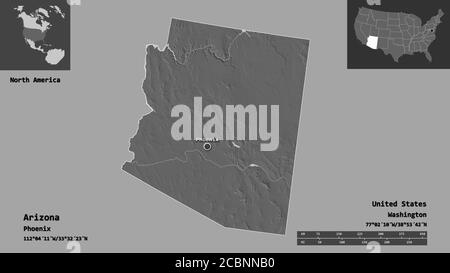 Form von Arizona, Bundesstaat der Vereinigten Staaten von Festland, und seine Hauptstadt. Entfernungsskala, Vorschauen und Beschriftungen. Höhenkarte mit zwei Ebenen. 3D-Rendering Stockfoto