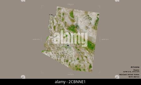 Gebiet von Arizona, Bundesstaat Festland USA, isoliert auf einem soliden Hintergrund in einem georeferenzierten Begrenzungsrahmen. Beschriftungen. Satellitenbilder. 3D-Rendering Stockfoto