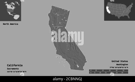 Form von Kalifornien, Staat von Festland USA, und seine Hauptstadt. Entfernungsskala, Vorschauen und Beschriftungen. Höhenkarte mit zwei Ebenen. 3D-Rendering Stockfoto