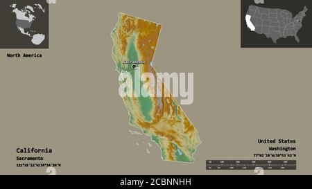 Form von Kalifornien, Staat von Festland USA, und seine Hauptstadt. Entfernungsskala, Vorschauen und Beschriftungen. Topografische Reliefkarte. 3D-Rendering Stockfoto