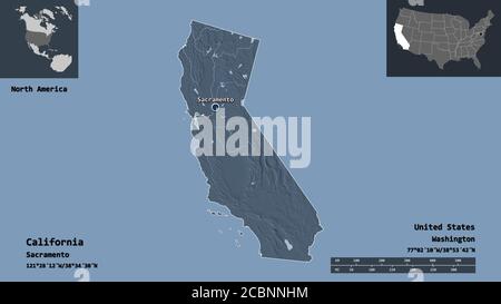 Form von Kalifornien, Staat von Festland USA, und seine Hauptstadt. Entfernungsskala, Vorschauen und Beschriftungen. Farbige Höhenkarte. 3D-Rendering Stockfoto