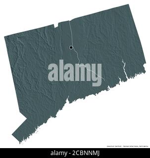 Form von Connecticut, Bundesstaat Festland USA, mit seiner Hauptstadt isoliert auf weißem Hintergrund. Farbige Höhenkarte. 3D-Rendering Stockfoto