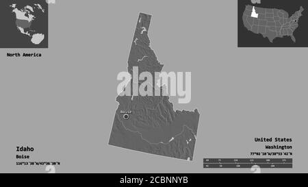 Form von Idaho, Bundesstaat des Festlandes der Vereinigten Staaten, und seine Hauptstadt. Entfernungsskala, Vorschauen und Beschriftungen. Höhenkarte mit zwei Ebenen. 3D-Rendering Stockfoto