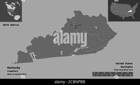 Form von Kentucky, Bundesstaat der Vereinigten Staaten von Festland, und seine Hauptstadt. Entfernungsskala, Vorschauen und Beschriftungen. Höhenkarte mit zwei Ebenen. 3D-Rendering Stockfoto