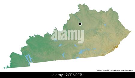 Form von Kentucky, Staat des Festlandes der Vereinigten Staaten, mit seiner Hauptstadt isoliert auf weißem Hintergrund. Topografische Reliefkarte. 3D-Rendering Stockfoto