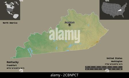 Form von Kentucky, Bundesstaat der Vereinigten Staaten von Festland, und seine Hauptstadt. Entfernungsskala, Vorschauen und Beschriftungen. Topografische Reliefkarte. 3D-Rendering Stockfoto