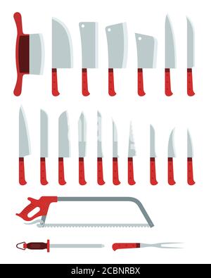 Verschiedene Messer, Beile und eine Säge, zum Schneiden, Hacken verschiedene Produkte Vektor-Illustration Stock Vektor