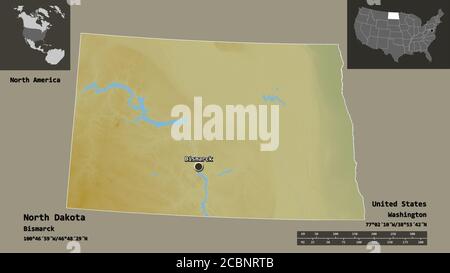 Form von North Dakota, Bundesstaat Festland USA, und seine Hauptstadt. Entfernungsskala, Vorschauen und Beschriftungen. Topografische Reliefkarte. 3D-Rendering Stockfoto