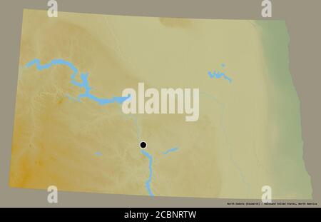Form von North Dakota, Bundesstaat Festland USA, mit seiner Hauptstadt isoliert auf einem einfarbigen Hintergrund. Topografische Reliefkarte. 3D-Rendering Stockfoto