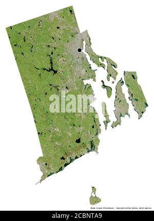 Form von Rhode Island, Bundesstaat des Festlandes der Vereinigten Staaten, mit seiner Hauptstadt isoliert auf weißem Hintergrund. Satellitenbilder. 3D-Rendering Stockfoto