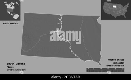 Form von South Dakota, Bundesstaat Festland USA, und seine Hauptstadt. Entfernungsskala, Vorschauen und Beschriftungen. Höhenkarte mit zwei Ebenen. 3D-Rendering Stockfoto