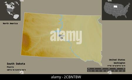 Form von South Dakota, Bundesstaat Festland USA, und seine Hauptstadt. Entfernungsskala, Vorschauen und Beschriftungen. Topografische Reliefkarte. 3D-Rendering Stockfoto