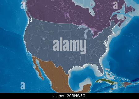 Ausgedehnte Fläche des Mainland USA mit Länderübersicht, internationalen und regionalen Grenzen. Farbige Höhenkarte. 3D-Rendering Stockfoto