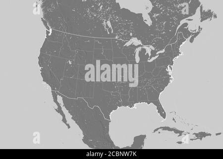 Ausgedehnte Fläche des Mainland USA mit Länderübersicht, internationalen und regionalen Grenzen. Höhenkarte mit zwei Ebenen. 3D-Rendering Stockfoto