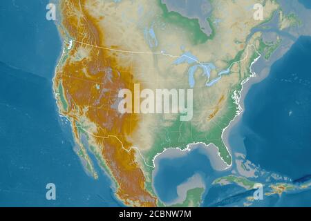 Ausgedehnte Fläche des Mainland USA mit Länderübersicht, internationalen und regionalen Grenzen. Topografische Reliefkarte. 3D-Rendering Stockfoto